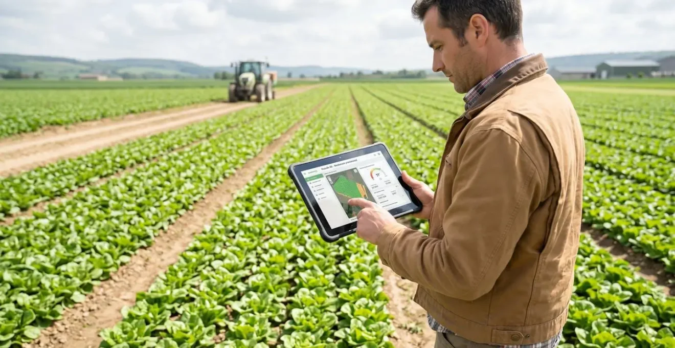 Un agriculteur de dos en vêtements de travail contemporains consulte une tablette au milieu d'une parcelle cultivée sous un ciel lumineux