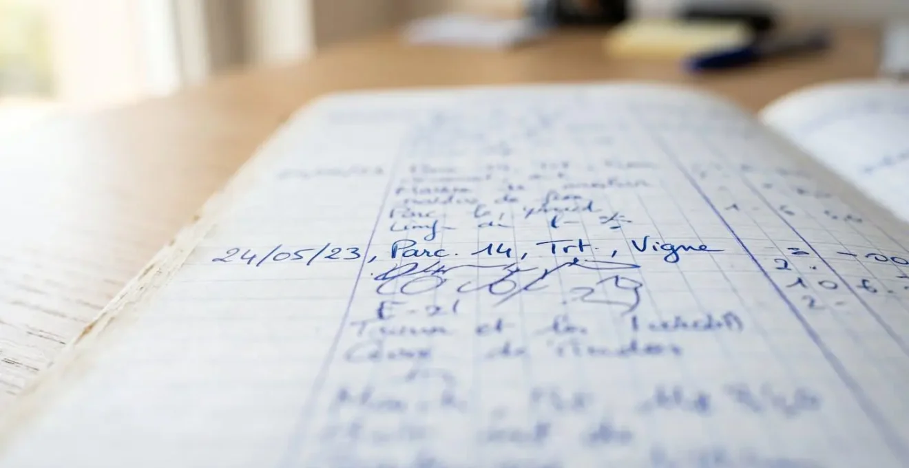 Plan rapproché d'un cahier d'épandage manuscrit ouvert sur un bureau avec un stylo, lignes d'écriture visibles en mise au point nette