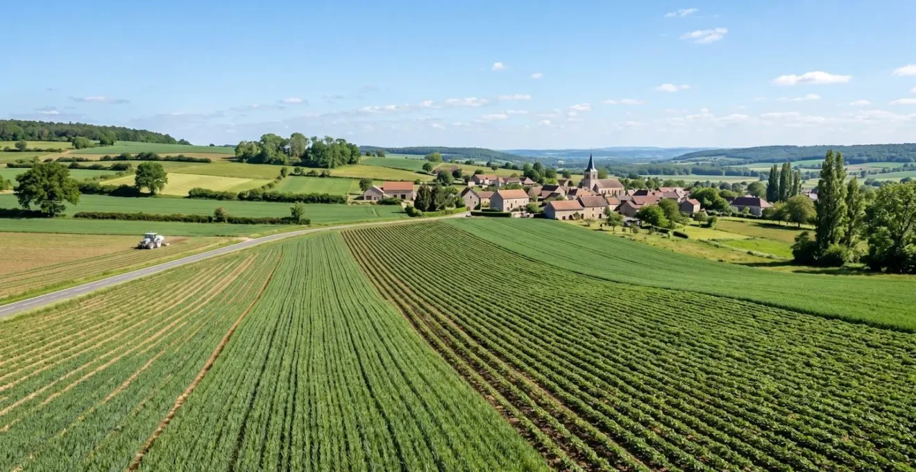 Vue en grand angle d'une parcelle agricole française avec lignes de culture nettes et régulières sous un ciel lumineux, environnement rural contemporain sans présence humaine