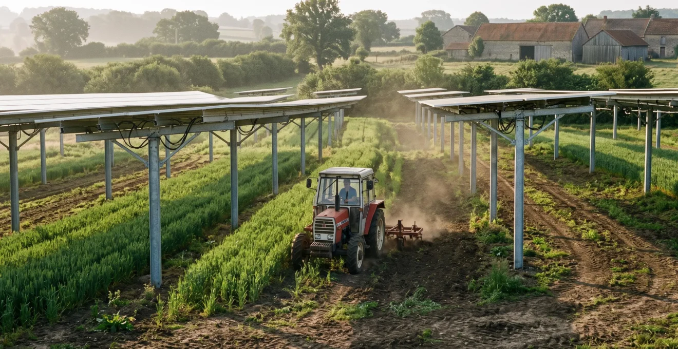 Un agriculteur travaille un champ cultivé sous des panneaux solaires surélevés.