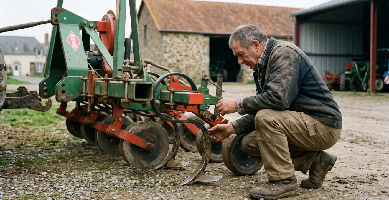 Un agriculteur inspecte un équipement de strip till dans une cour de ferme.