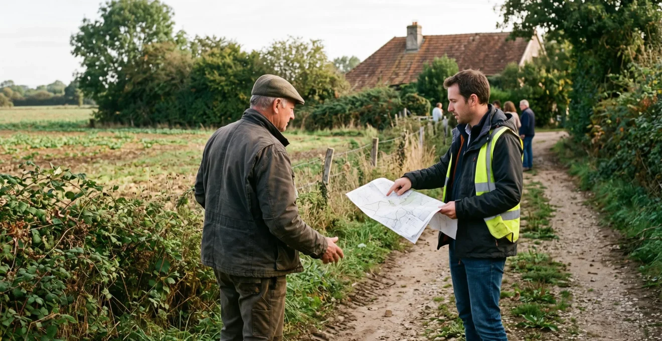 Un agriculteur et un promoteur examinent un plan au bord d'un champ.
