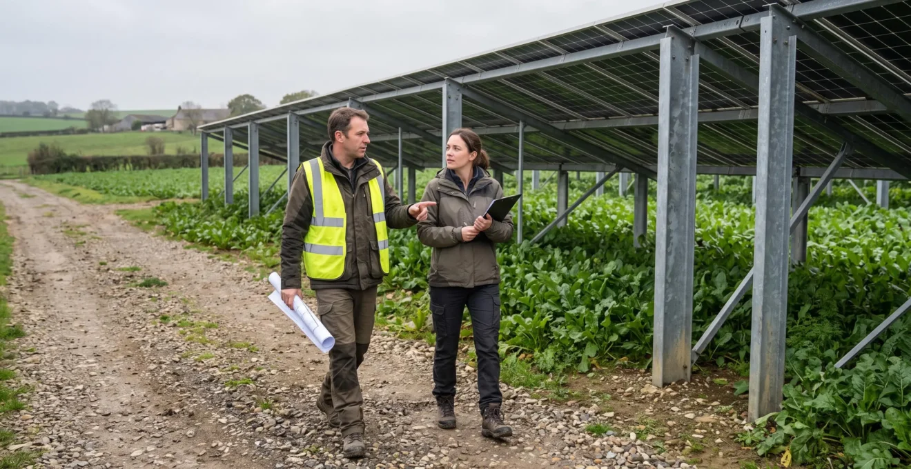 Un ingénieur et un agronome discutent le long d'un rang de panneaux agrivoltaïques.
