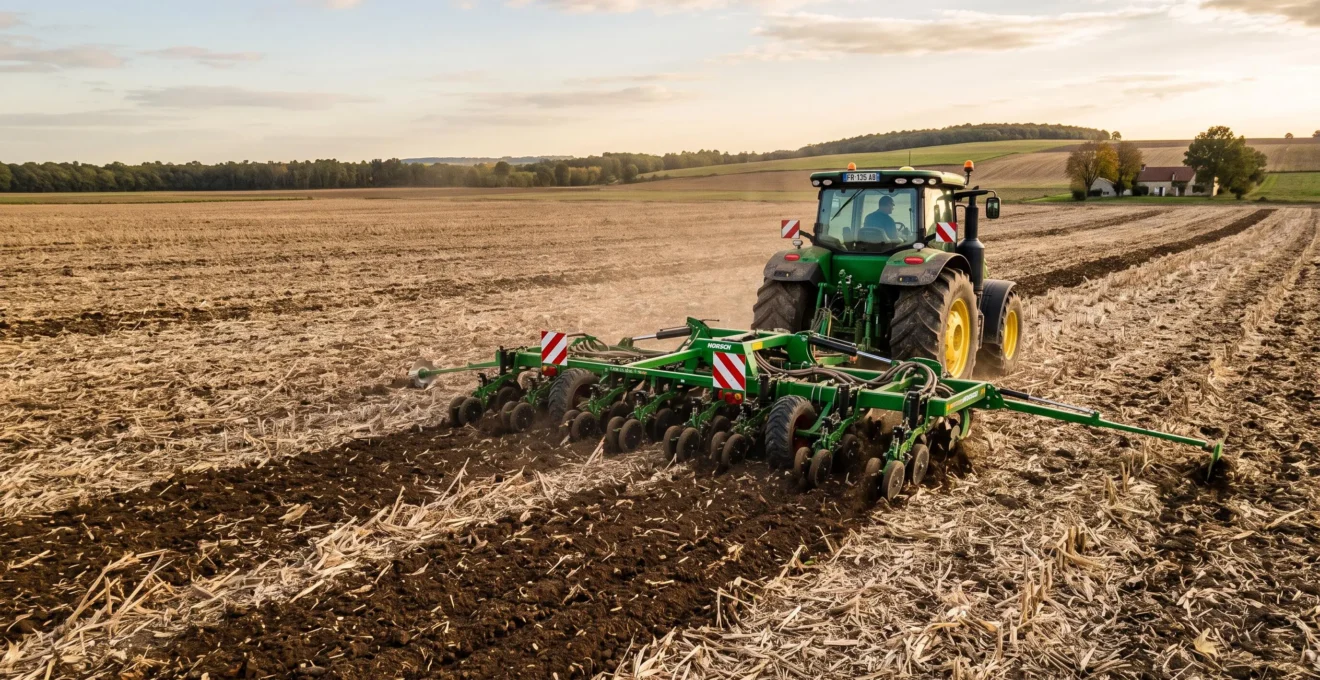 Un tracteur travaille le sol en bandes étroites dans un grand champ cultivé.
