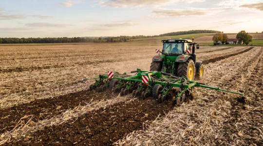 Un tracteur travaille le sol en bandes étroites dans un grand champ cultivé.